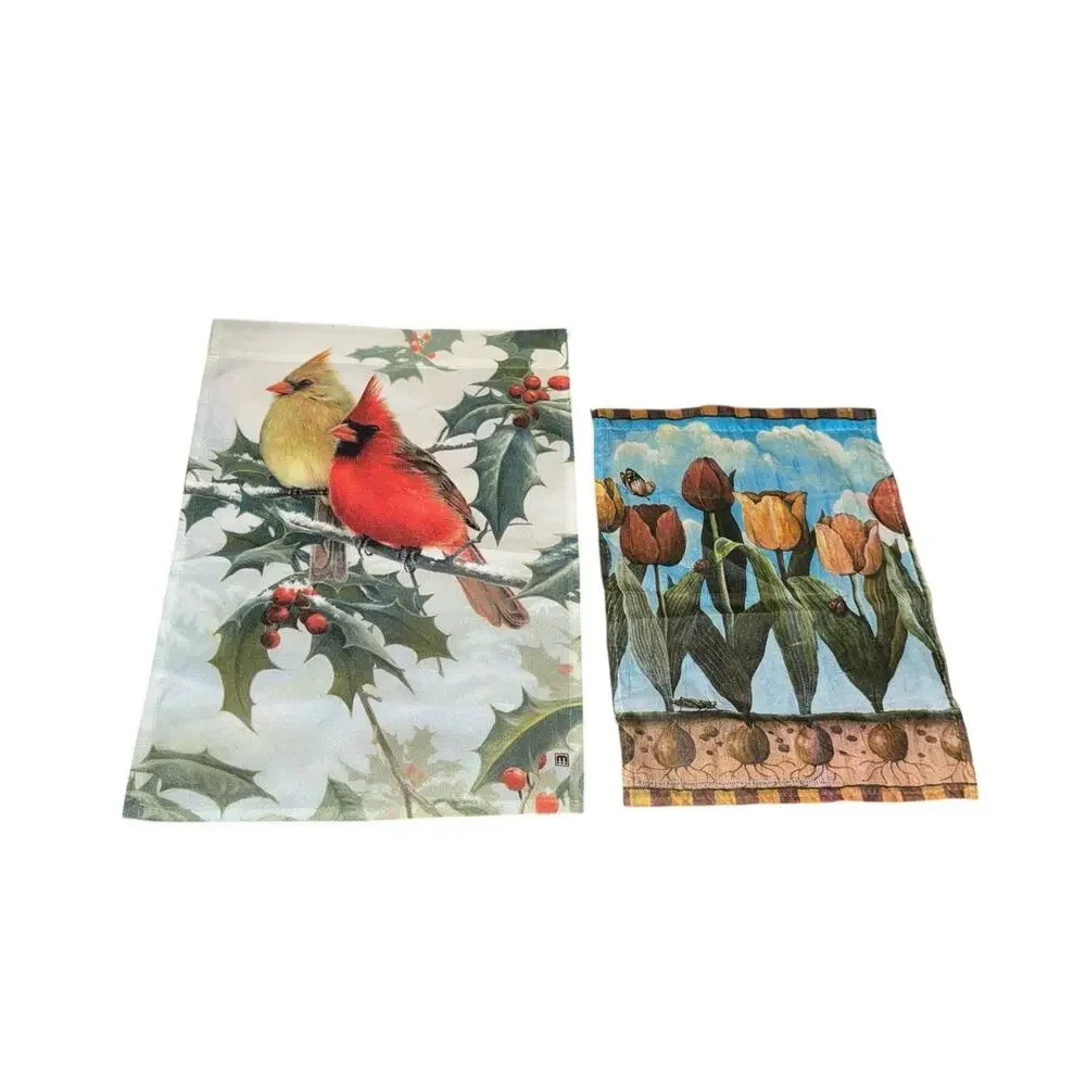 Vintage Garden Flag Lot 2 Cardinals Christmas Holiday Tulips Spring Decor‎ Bird